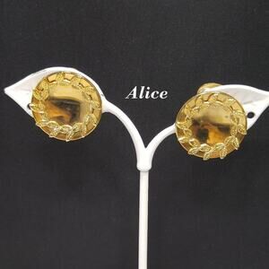 Vintage Designer Alice Company Gold Plated Clip Leaves Round Earrings, 7/8 Inch